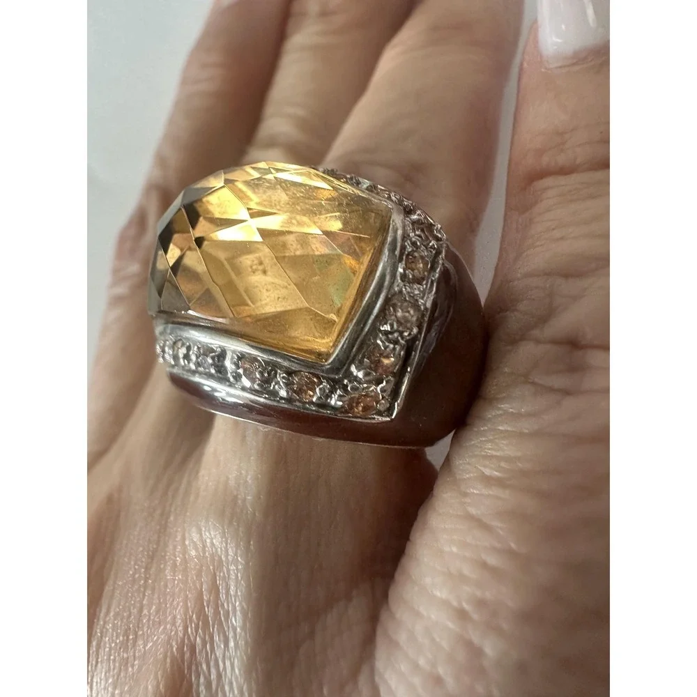 Brown Resin Dome Cocktail Ring Sz 7 Topaz Rhinestone Silver Tone Statement Rare